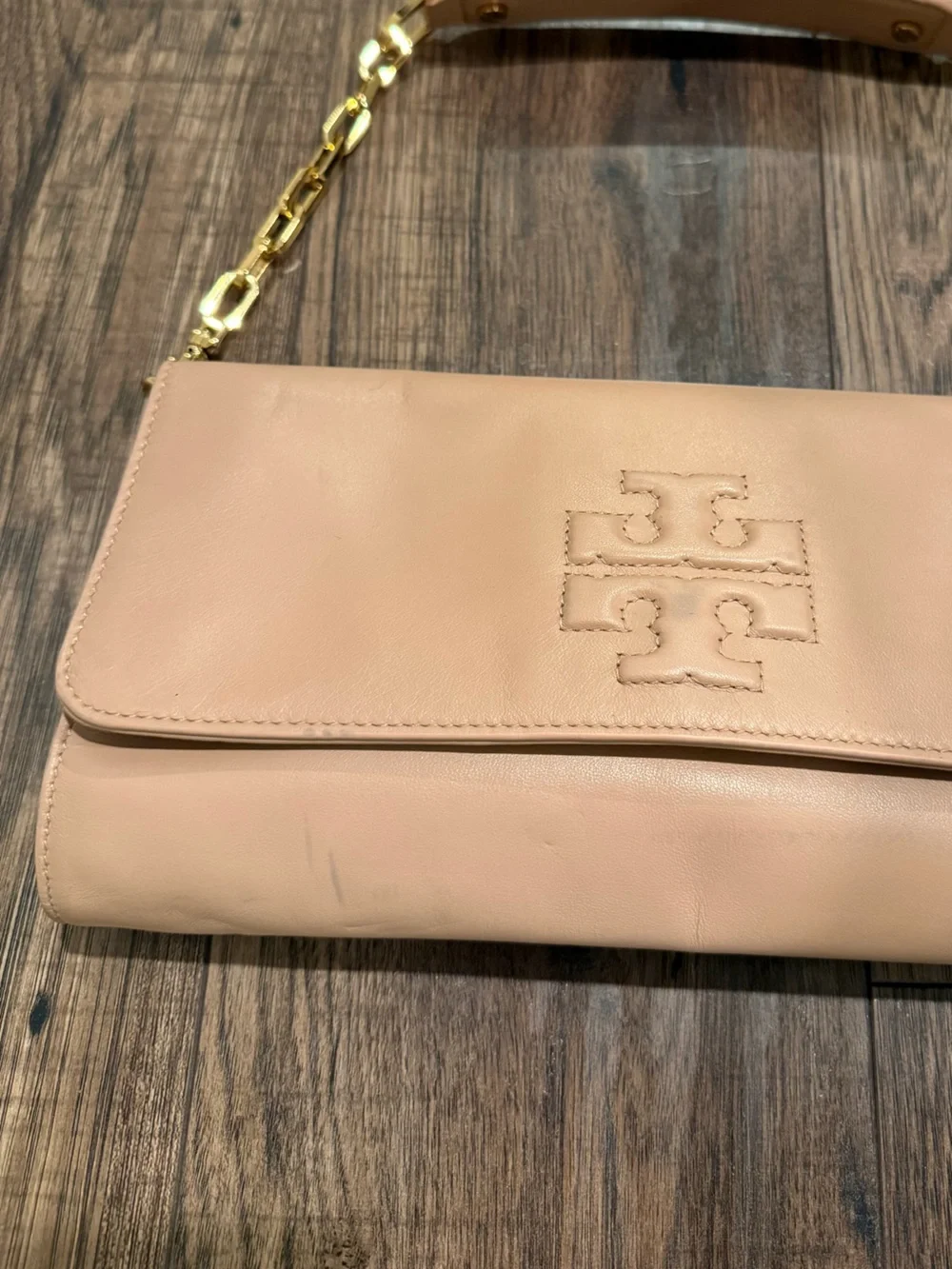 Tory Burch Blush Leather Fold-Over Wristlet with Gold Chain